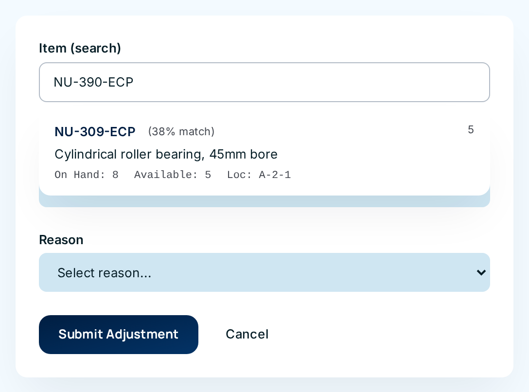Typing "NU-390-ECP" offers NU-309-ECP as a 38% match