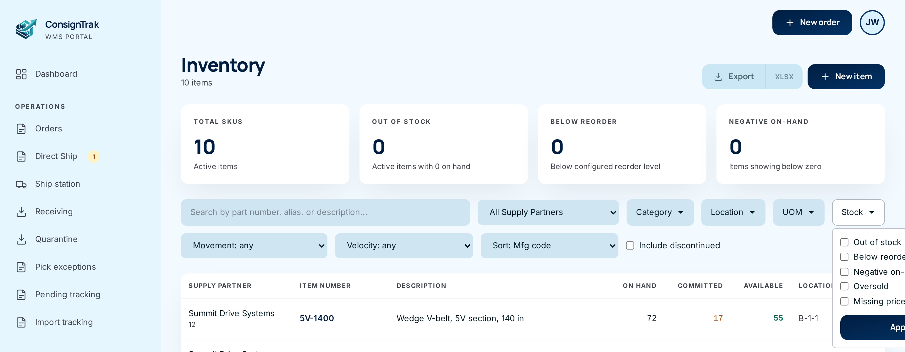 The Stock filter open, showing its five checkboxes and the Apply button