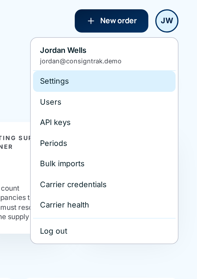 The open account menu, showing Settings, Users, API keys, Periods, Bulk imports, Carrier credentials, Carrier health and Log out