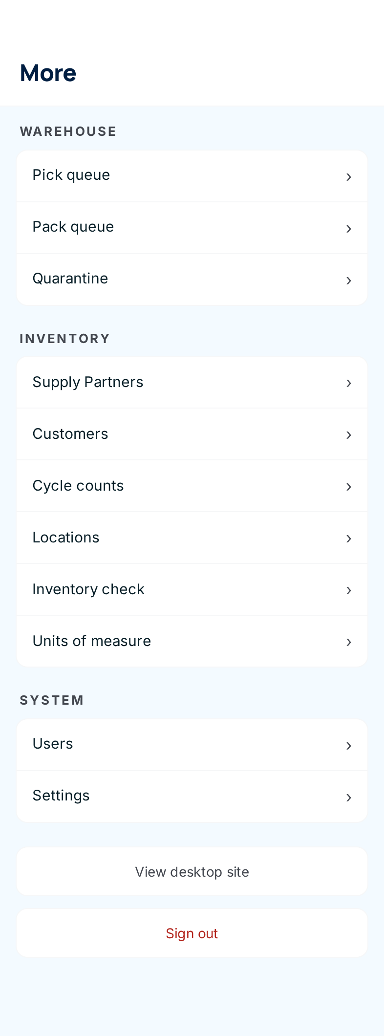 The phone More page for an administrator, with Warehouse, Inventory and System sections, View desktop site and Sign out
