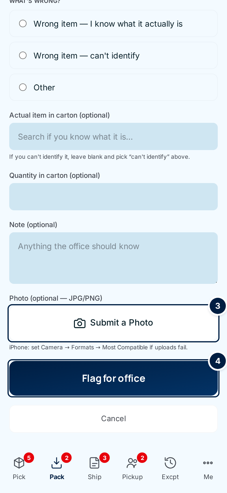The bottom of Flag mispick: Note, ③ Submit a Photo and ④ Flag for office