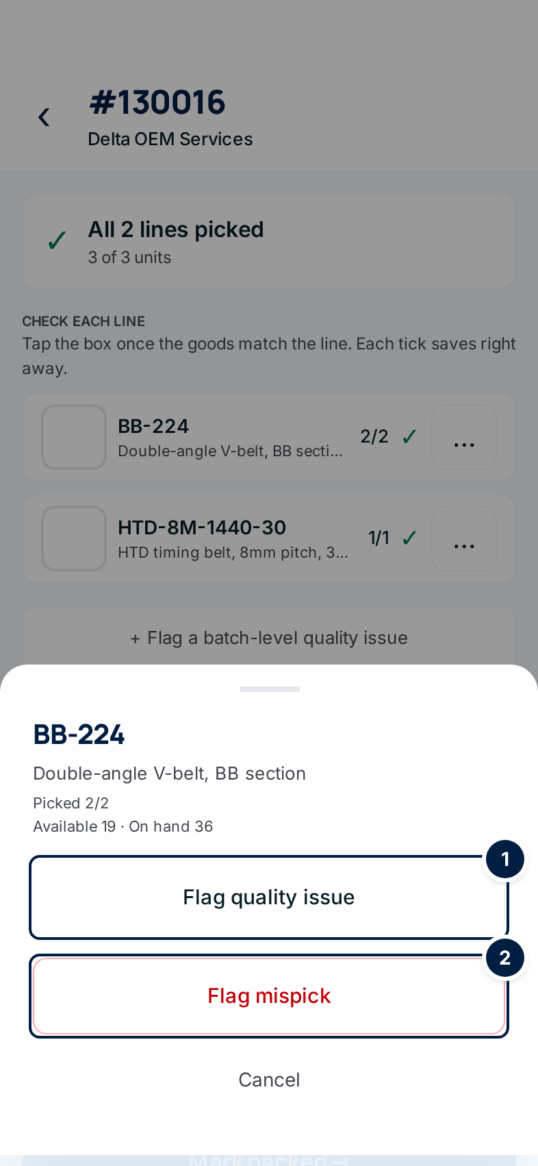 The panel for BB-224 on the pack screen: ① Flag quality issue and ② Flag mispick