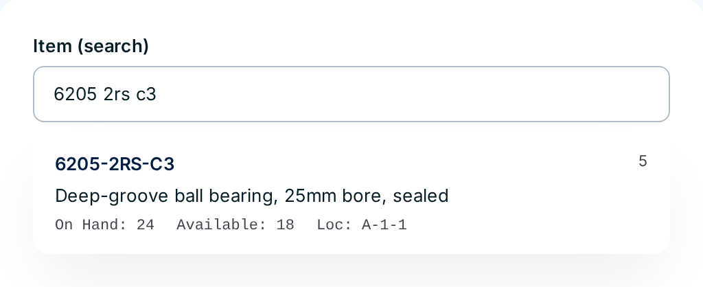 Typing "6205 2rs c3" finds item 6205-2RS-C3 as a straight match