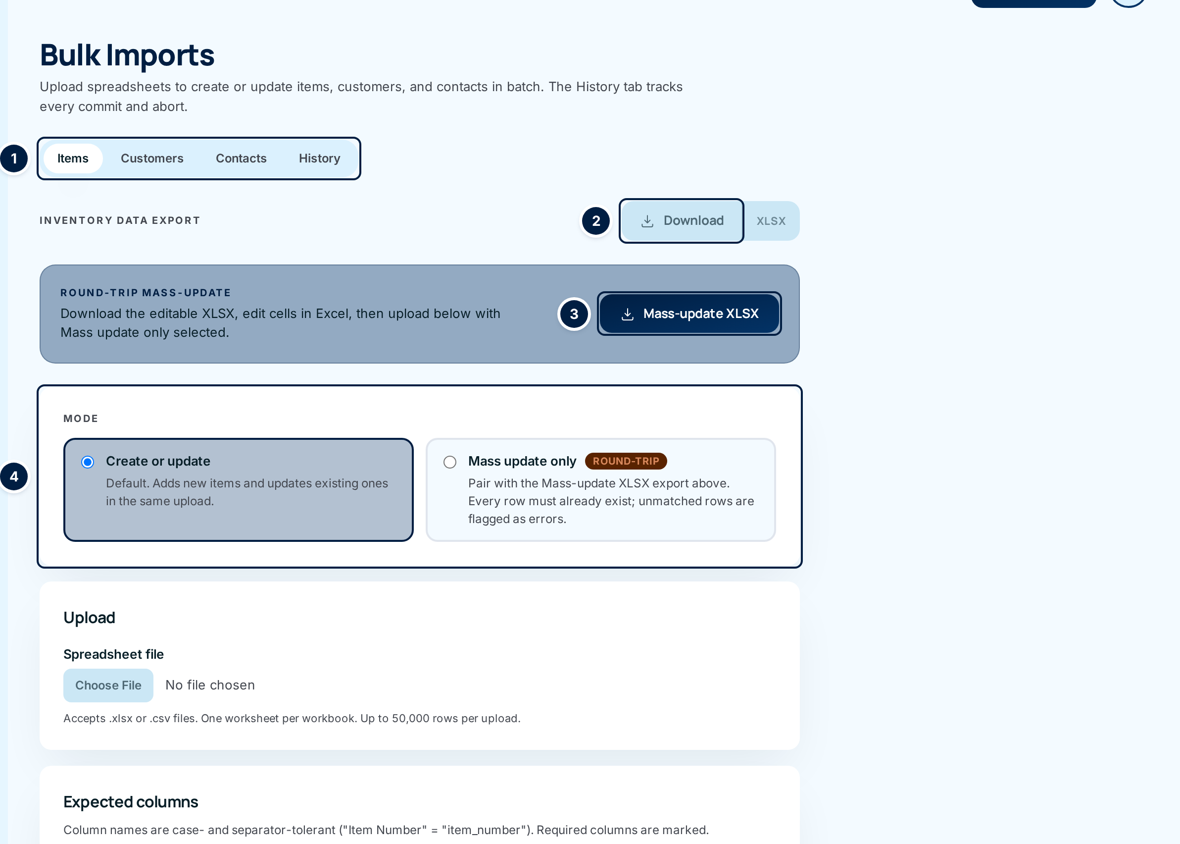 The Bulk Imports page on the Items tab: the tabs ①, the inventory Download button ②, the Mass-update XLSX button ③ and the Mode choice ④