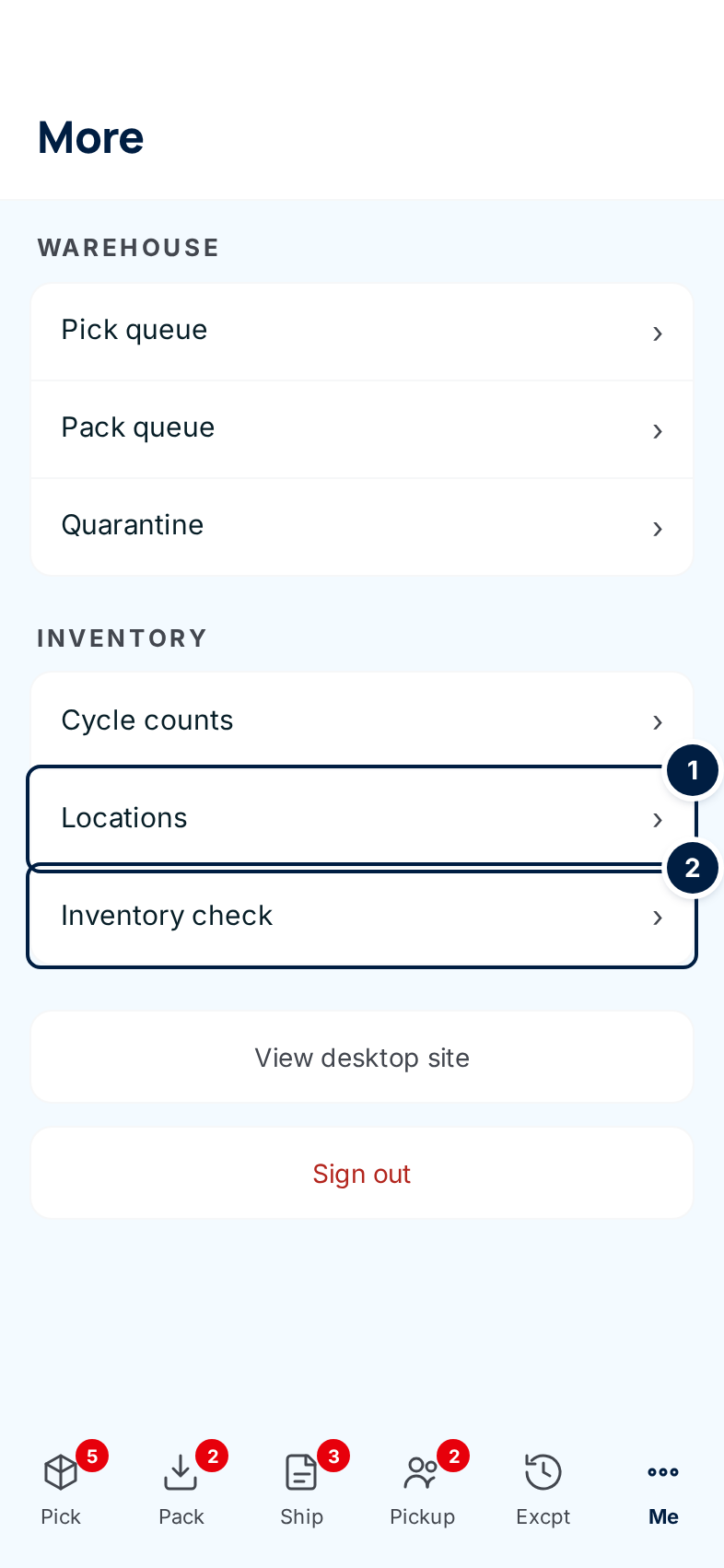 The phone More menu for a Warehouse user, with Locations and Inventory check marked