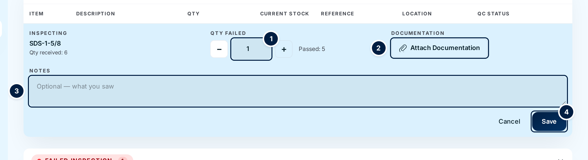 The inspection form for one line: Qty Failed with minus and plus, Attach Documentation, Notes, Save
