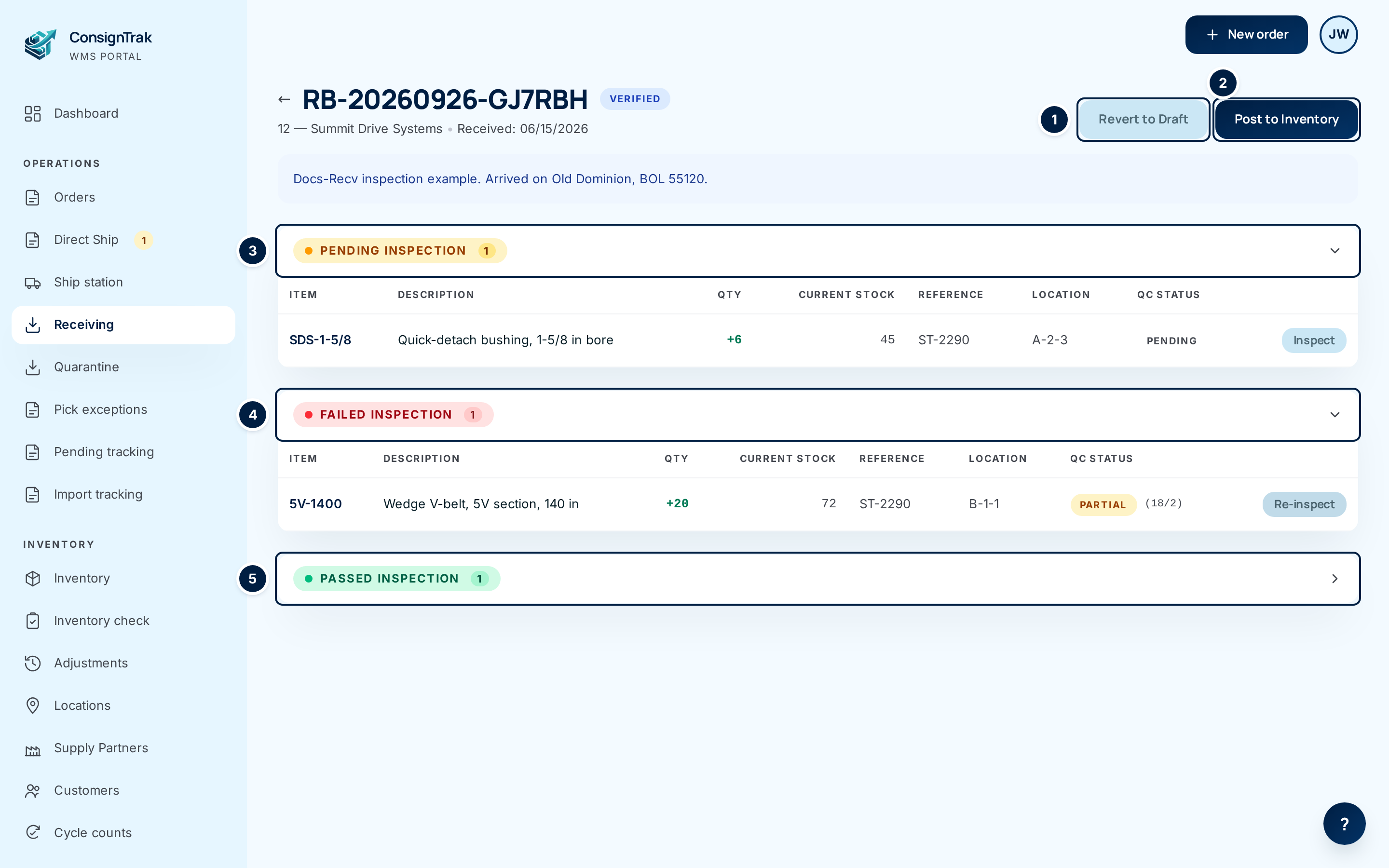 A Verified batch with one line pending, one partly failed and one passed