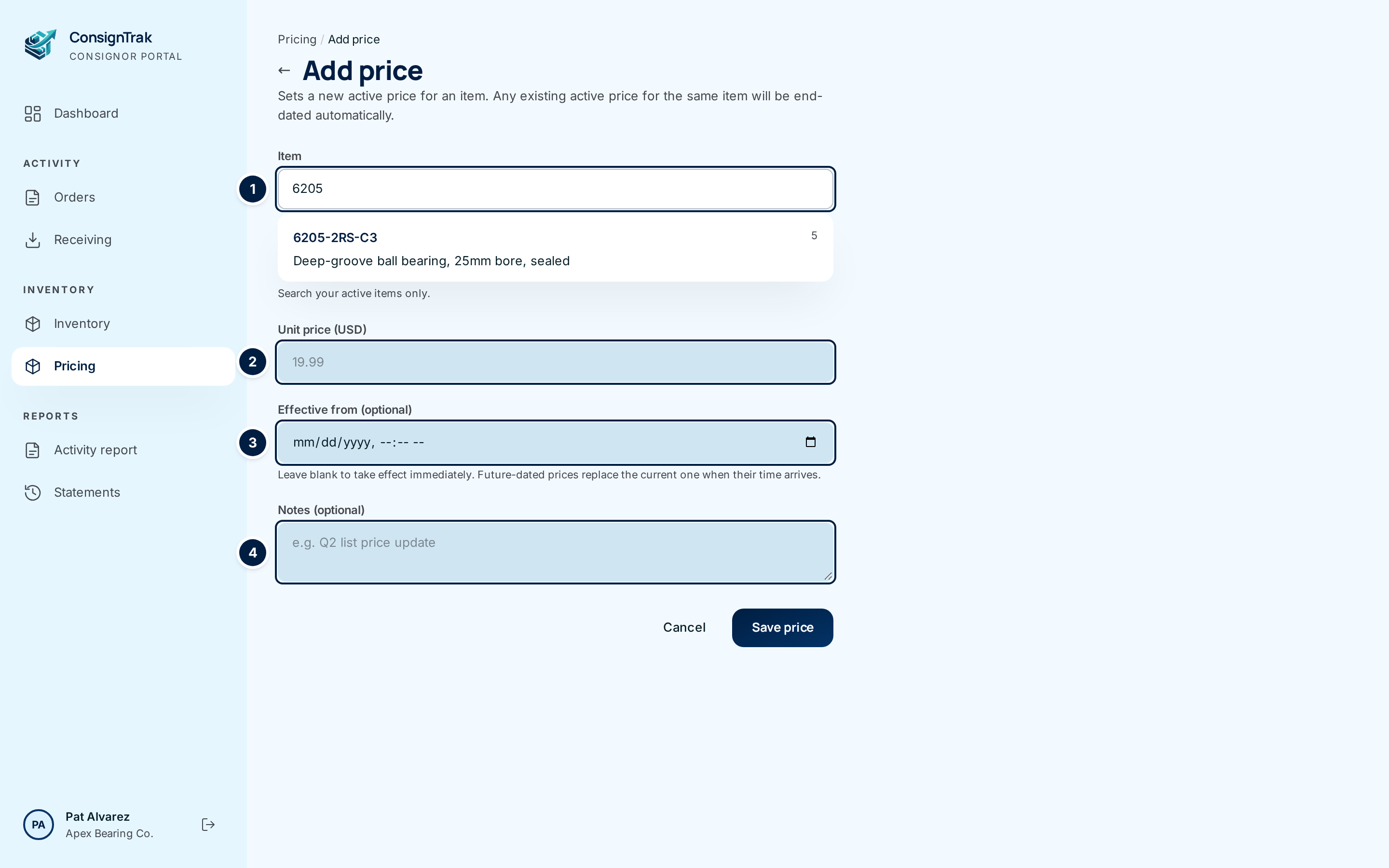 The Add price form with the item search showing 6205-2RS-C3, and the price, effective-from and notes fields numbered