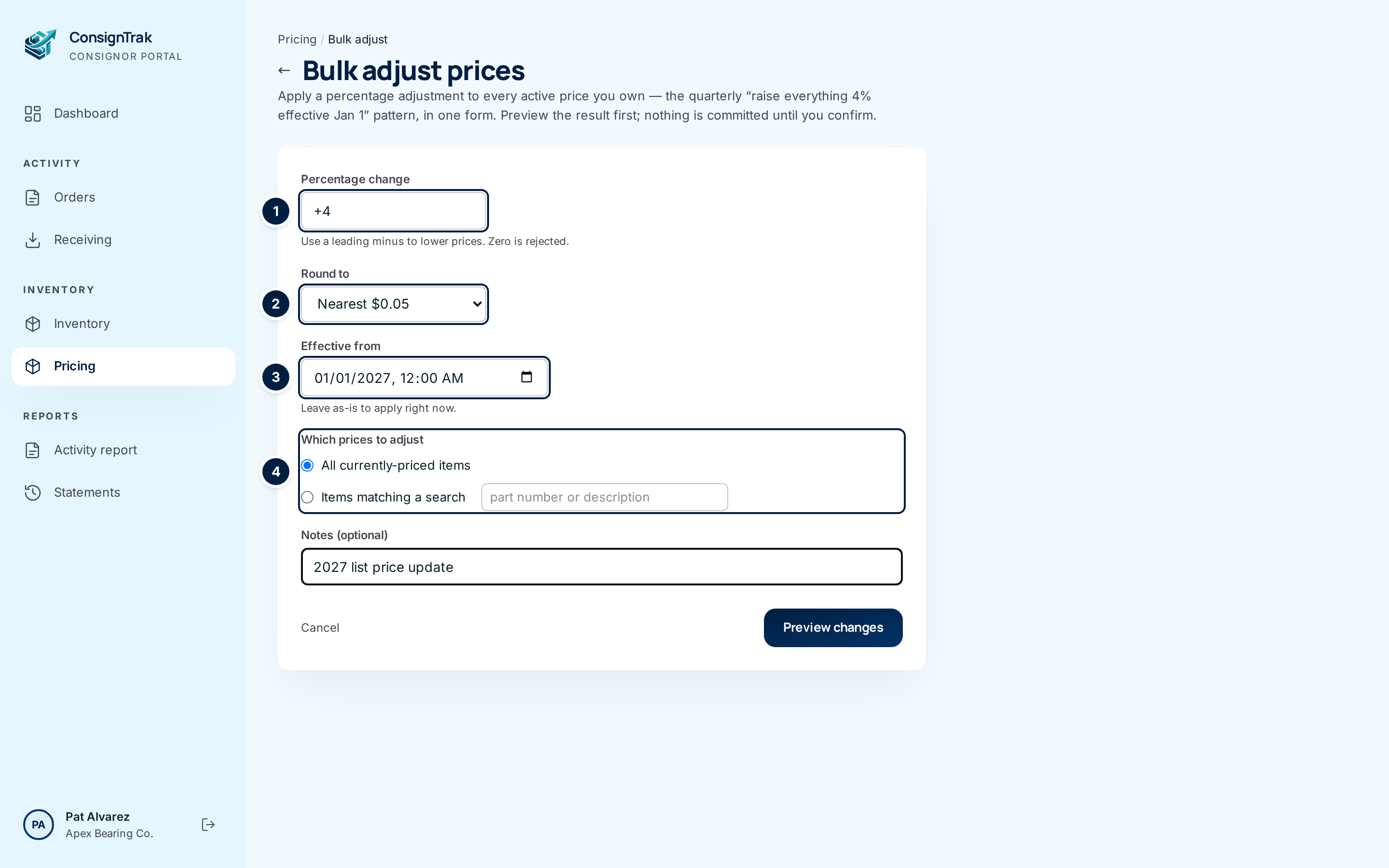 The Bulk adjust prices form filled in for +4%, rounded to $0.05, starting 1 January 2027