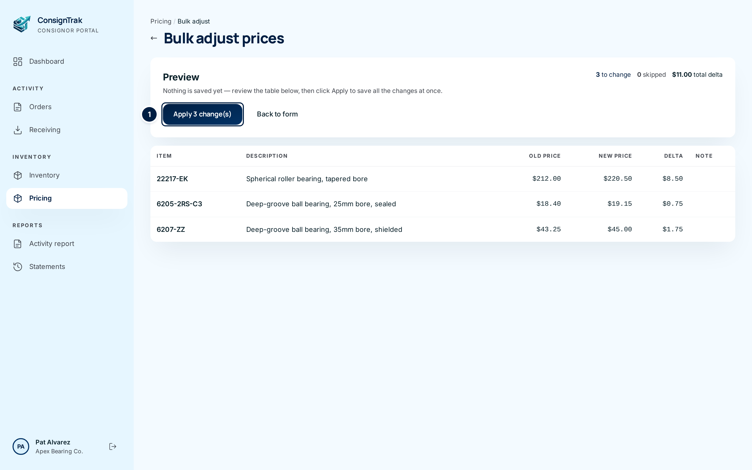 The preview: three items with old price, new price and delta, 3 to change and $11.00 total delta, with Apply 3 change(s) numbered