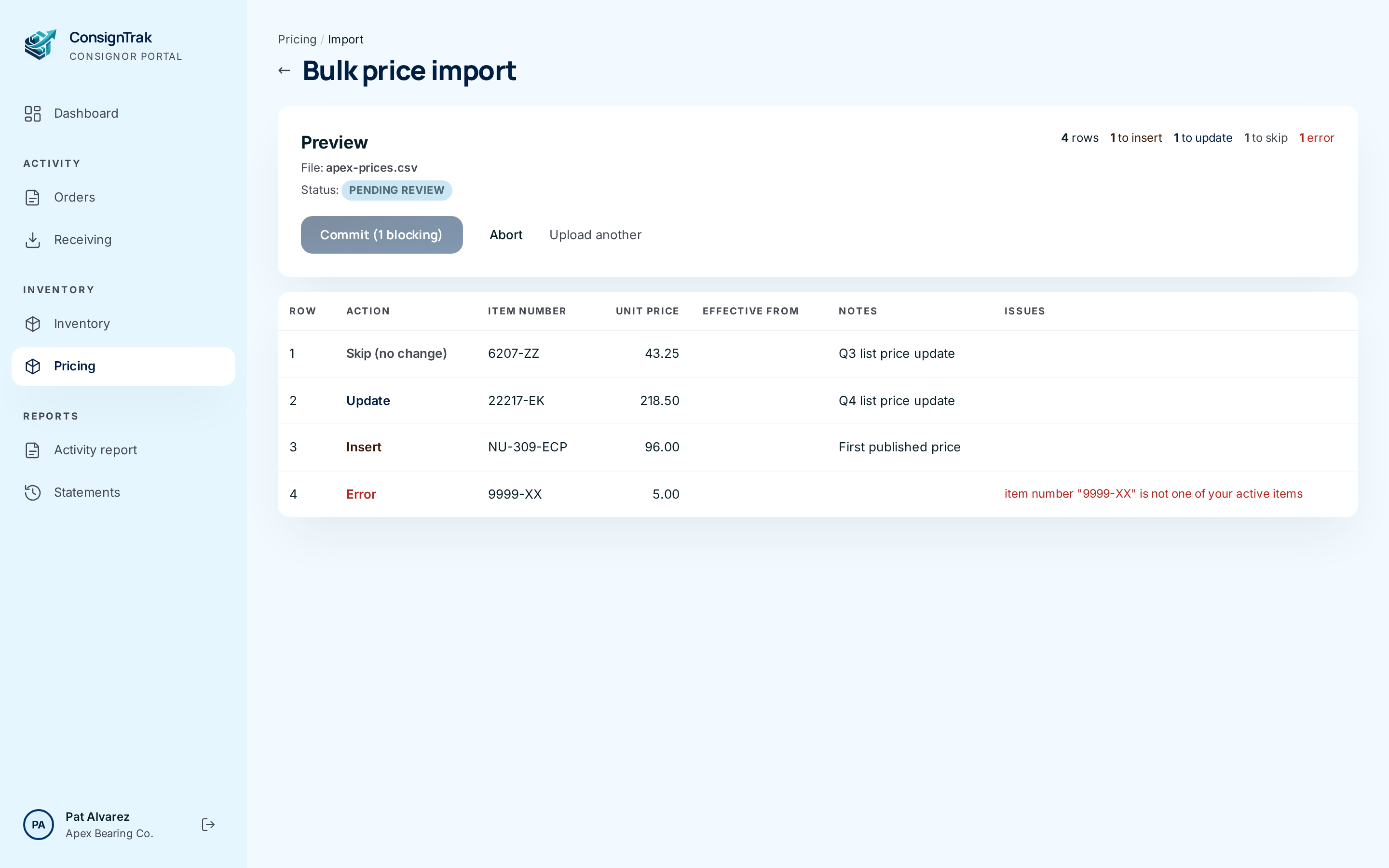 A preview with one Update, one Insert, and an Error row for an item that isn't one of yours