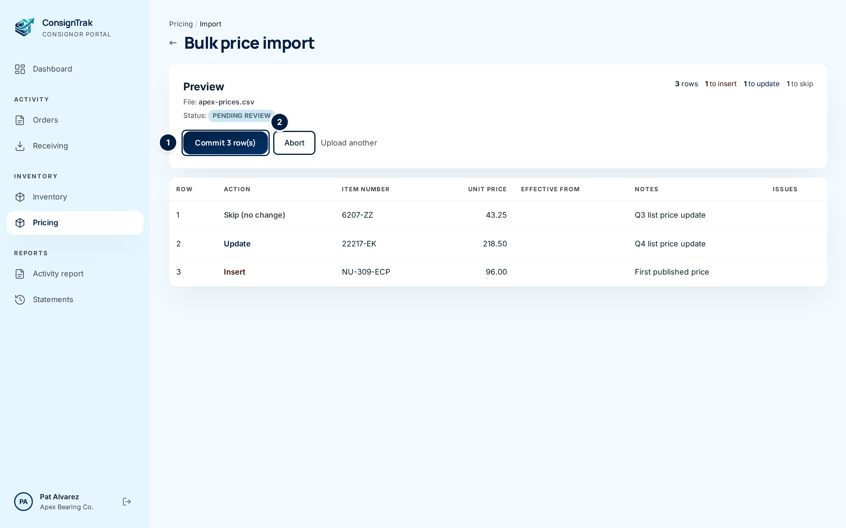 A clean preview with Commit 3 row(s) and Abort numbered
