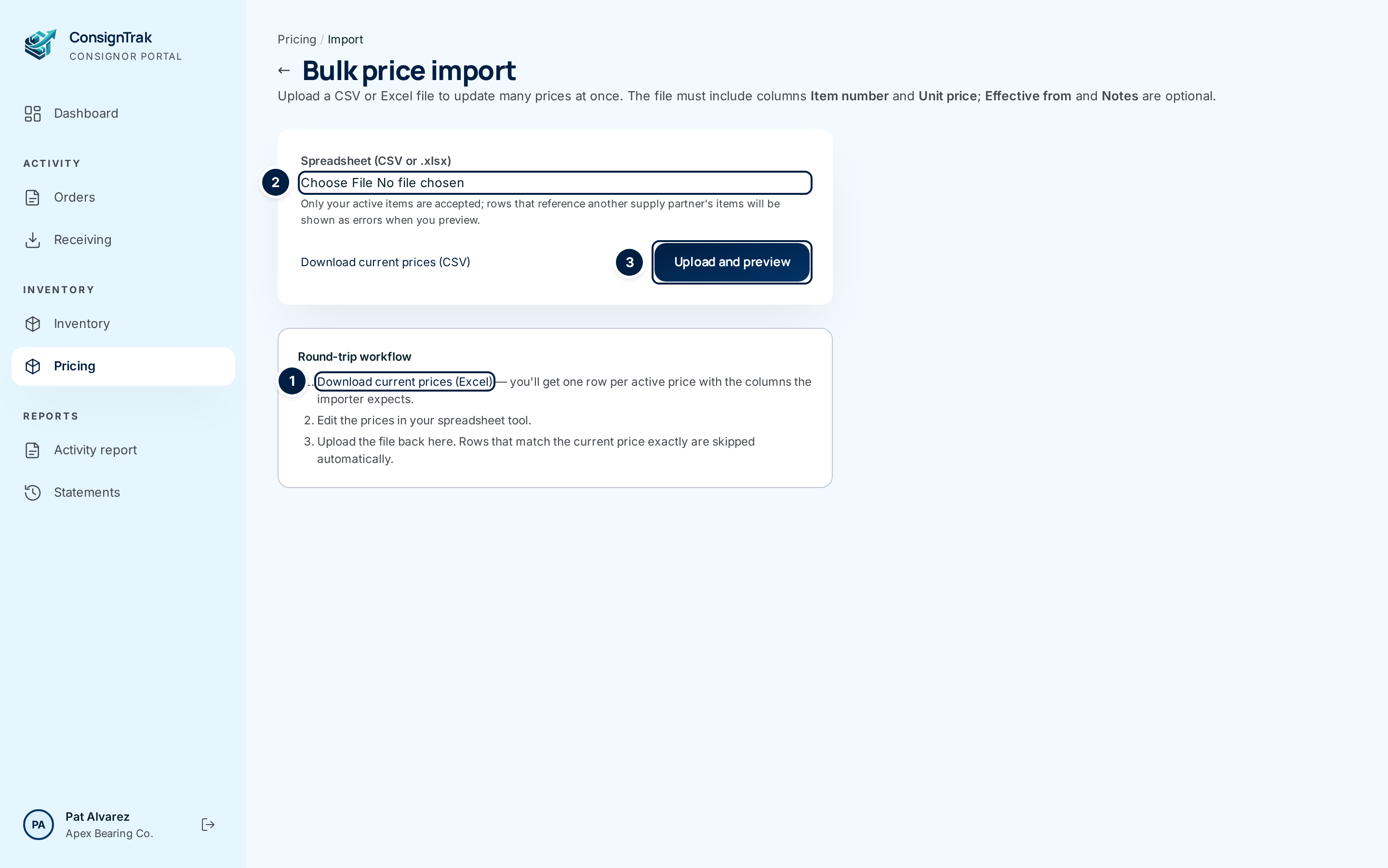 The Bulk price import page, with the Excel download link, the file picker and Upload and preview numbered