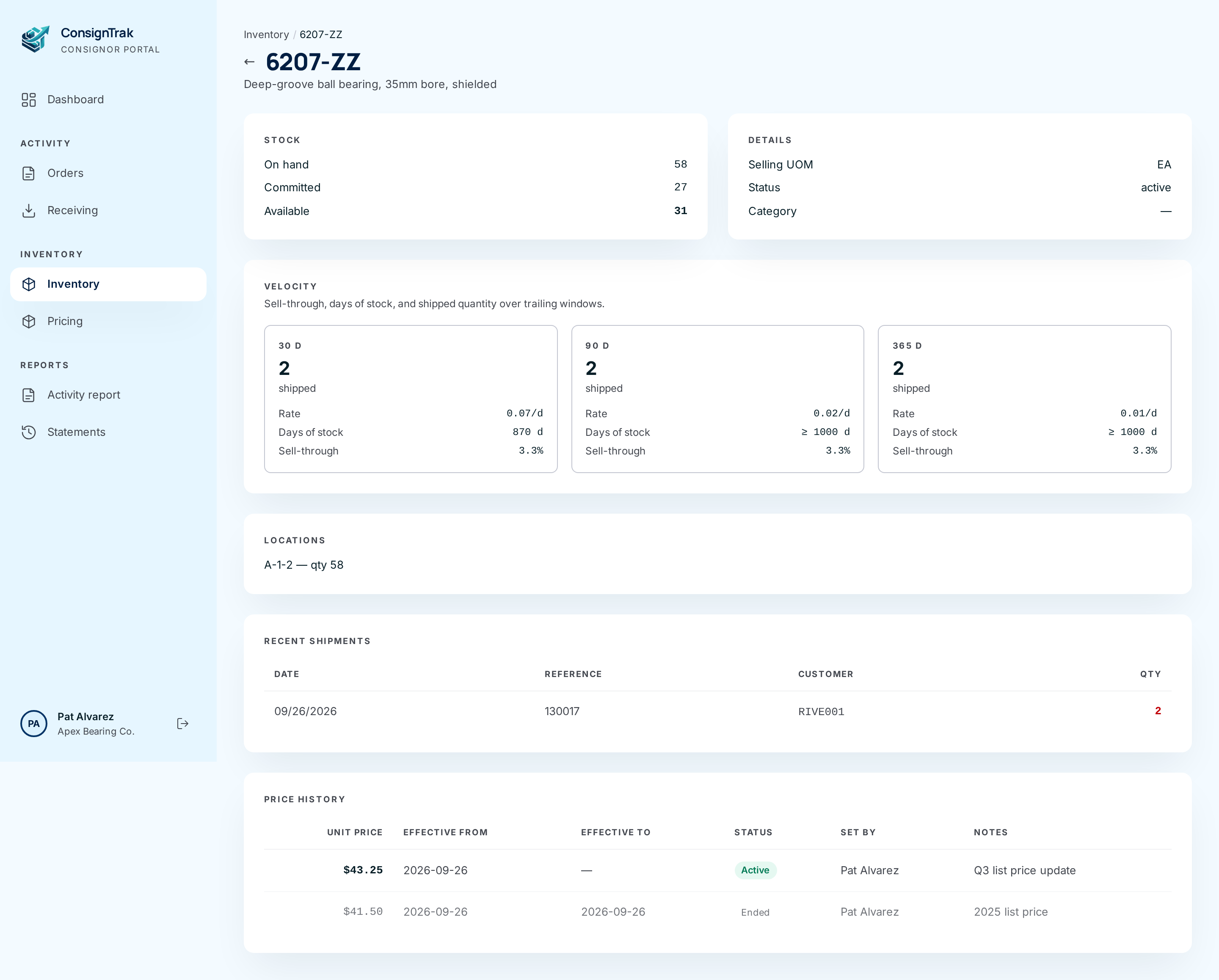 An item page showing the Stock, Details, Velocity, Locations, Recent shipments and Price history sections
