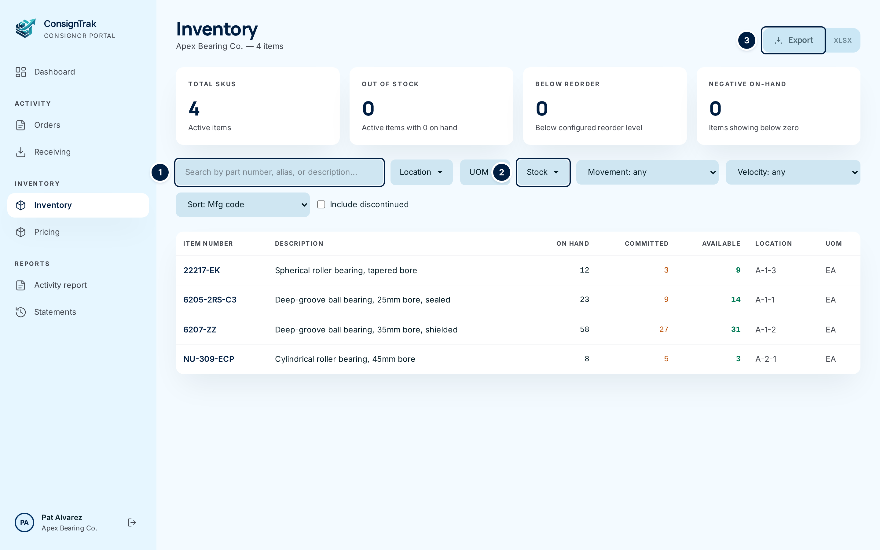 The portal Inventory list for Apex Bearing Co.