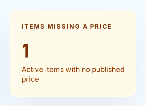 The Items missing a price card on the portal dashboard, showing 1