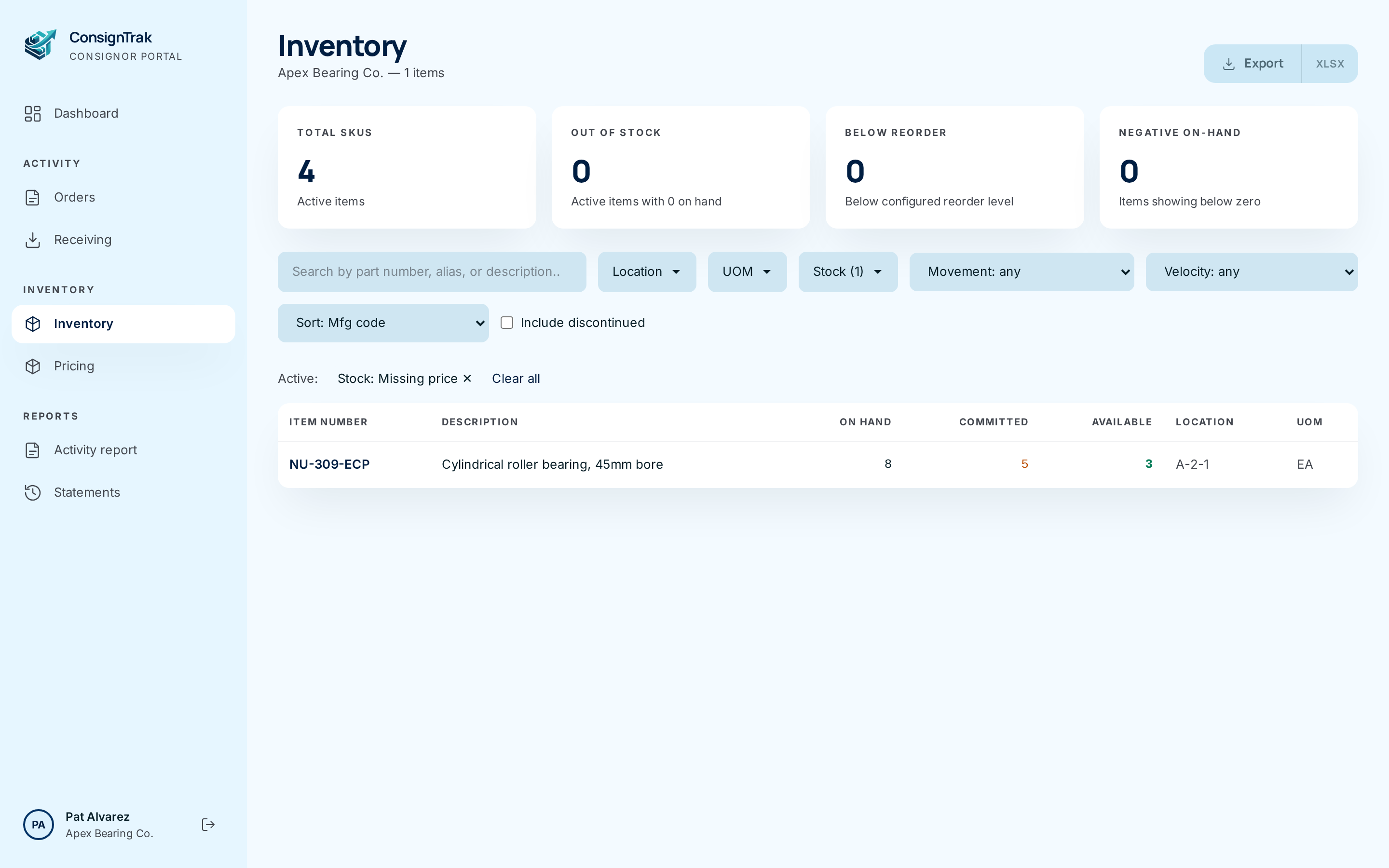 The Inventory list filtered to Stock: Missing price, showing NU-309-ECP