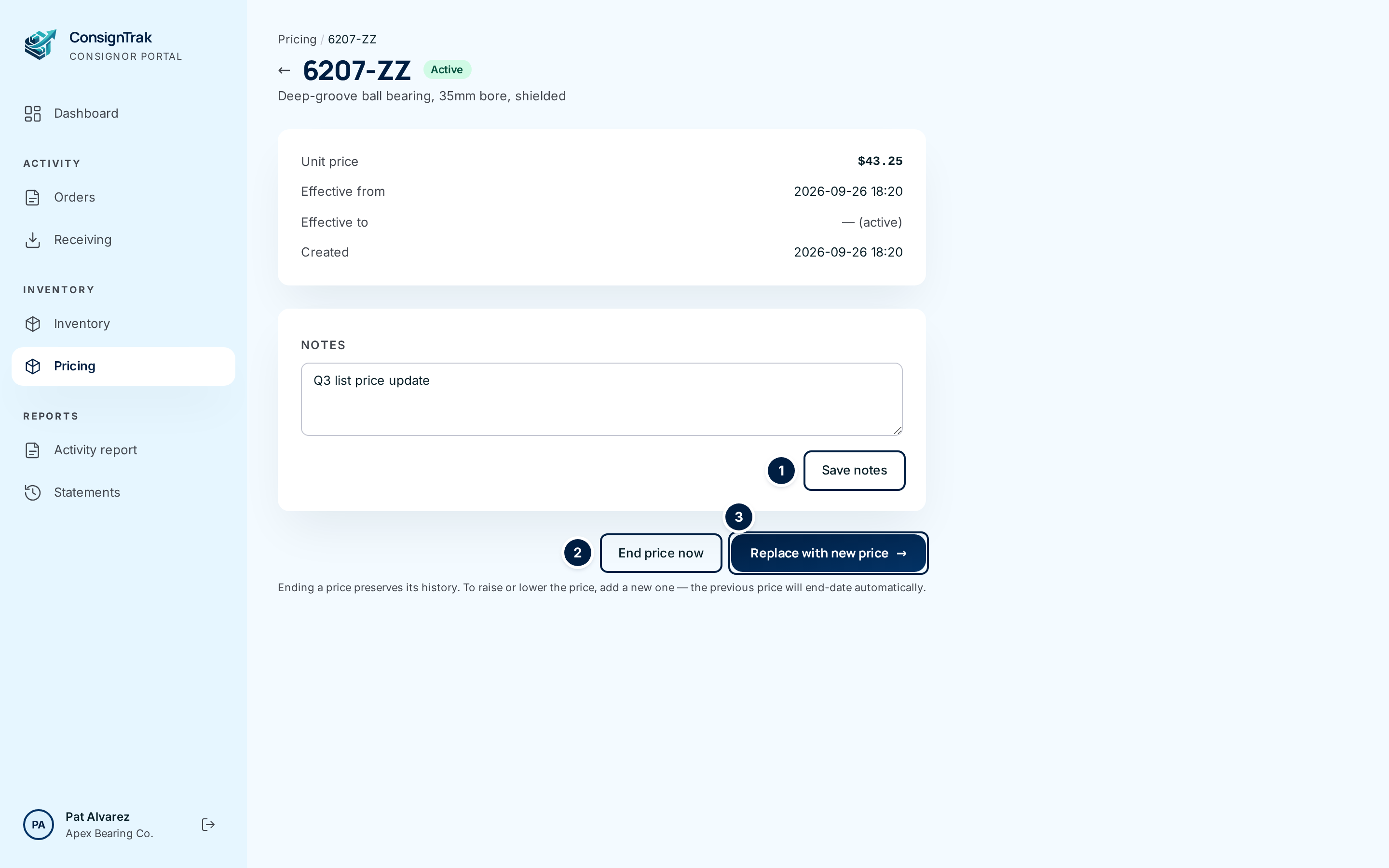 A price page for 6207-ZZ, with Save notes, End price now and Replace with new price numbered