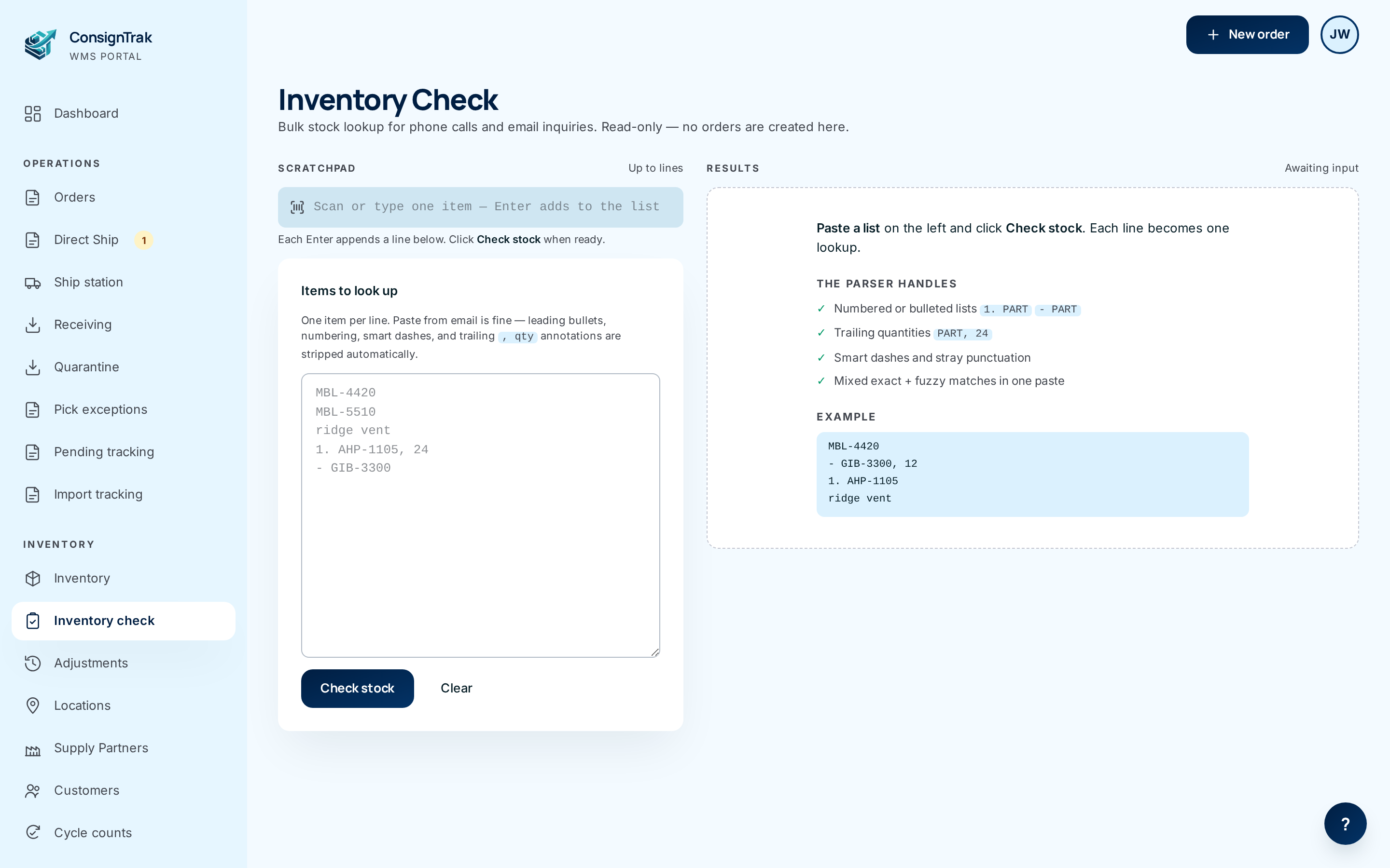 Inventory Check before anything is pasted: the scratchpad on the left and a worked example on the right
