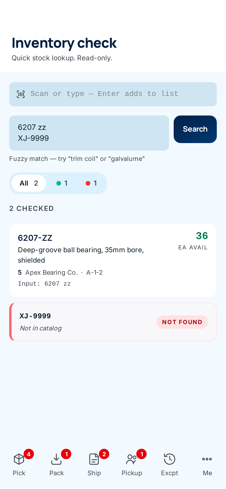 The phone Inventory check with two results: an exact match and one not in the catalog