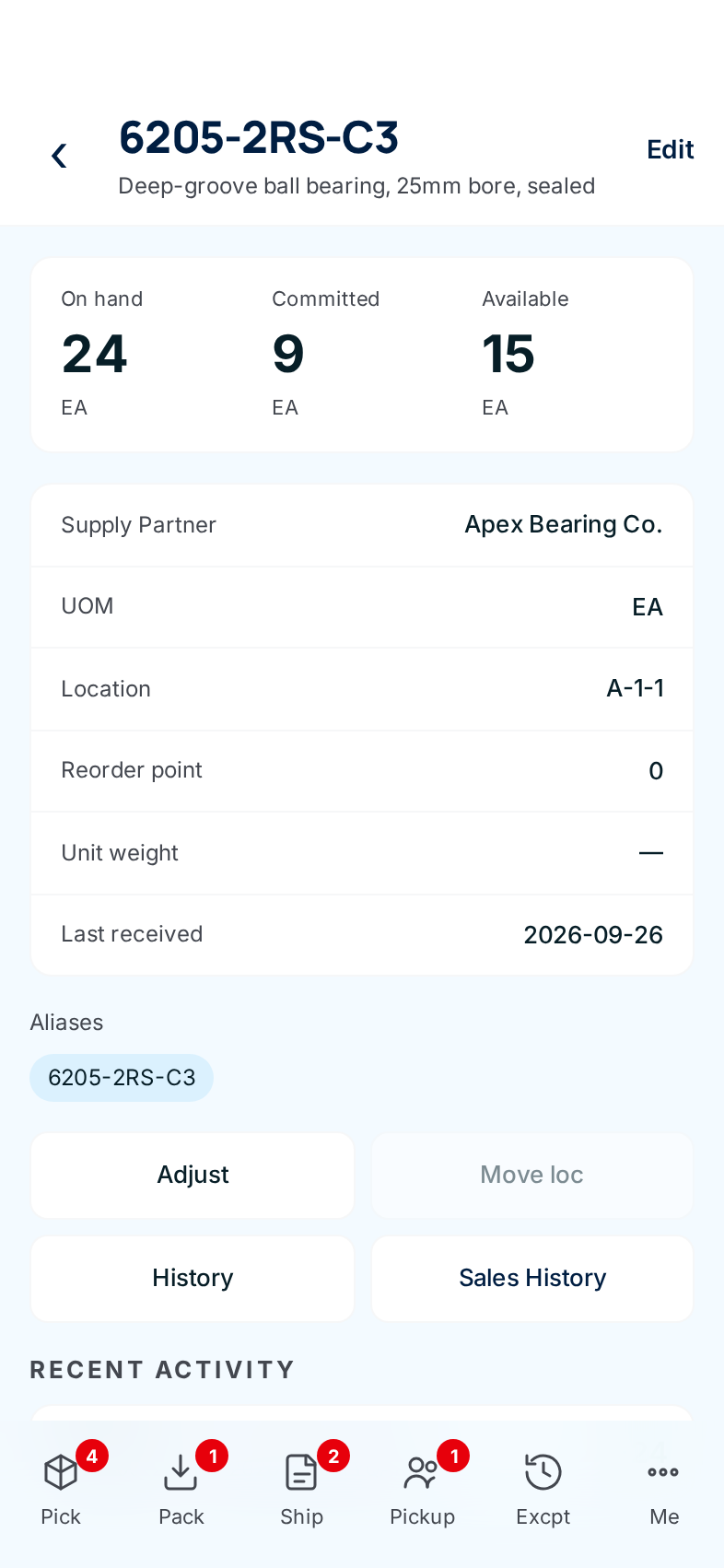 The phone item page: stock numbers, details, aliases and the four buttons
