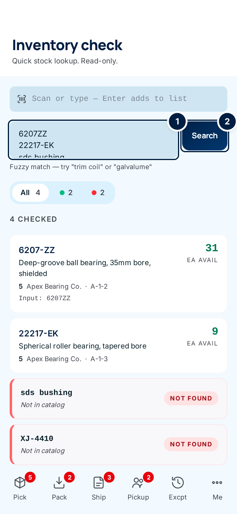 Inventory check on a phone with four lines checked: two items found with their available quantity, bin and supply partner, and two not in the catalog