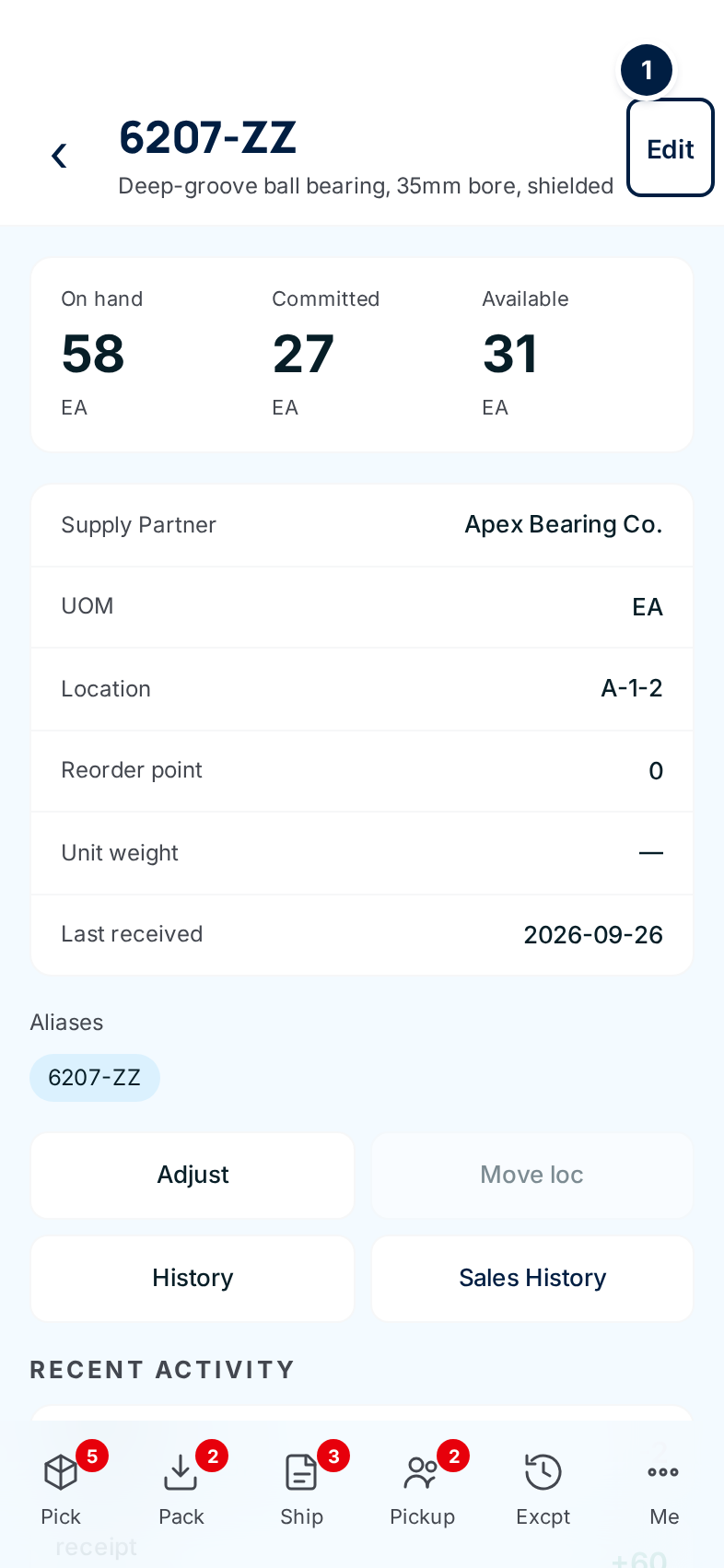 An item's page on a phone: On hand, Committed and Available, the details, aliases, the four buttons and Recent activity