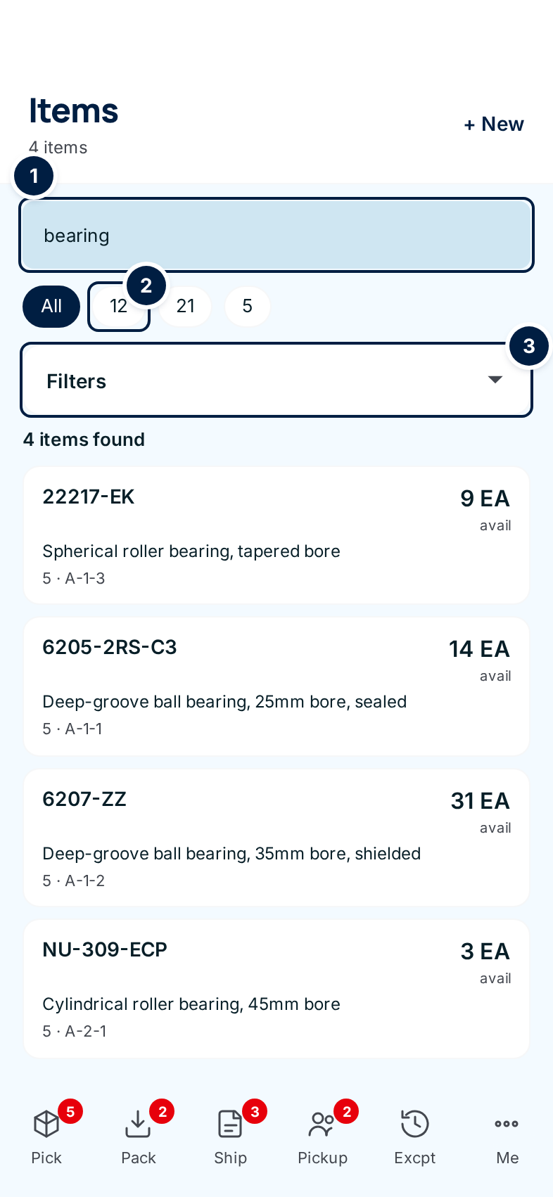 The phone Items list searching "bearing", with the supply-partner buttons and the Filters panel