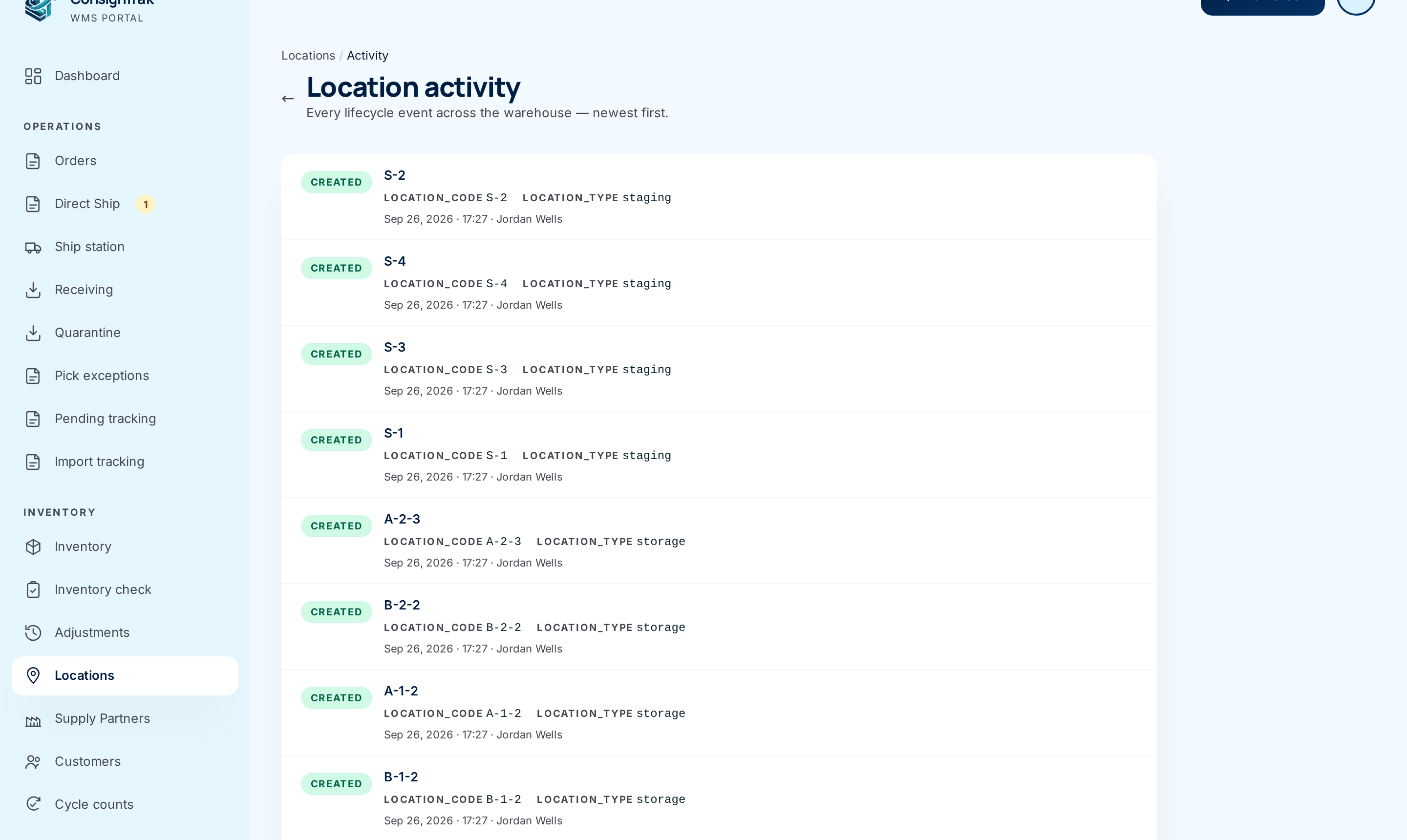 The Location activity feed listing created events for several bins