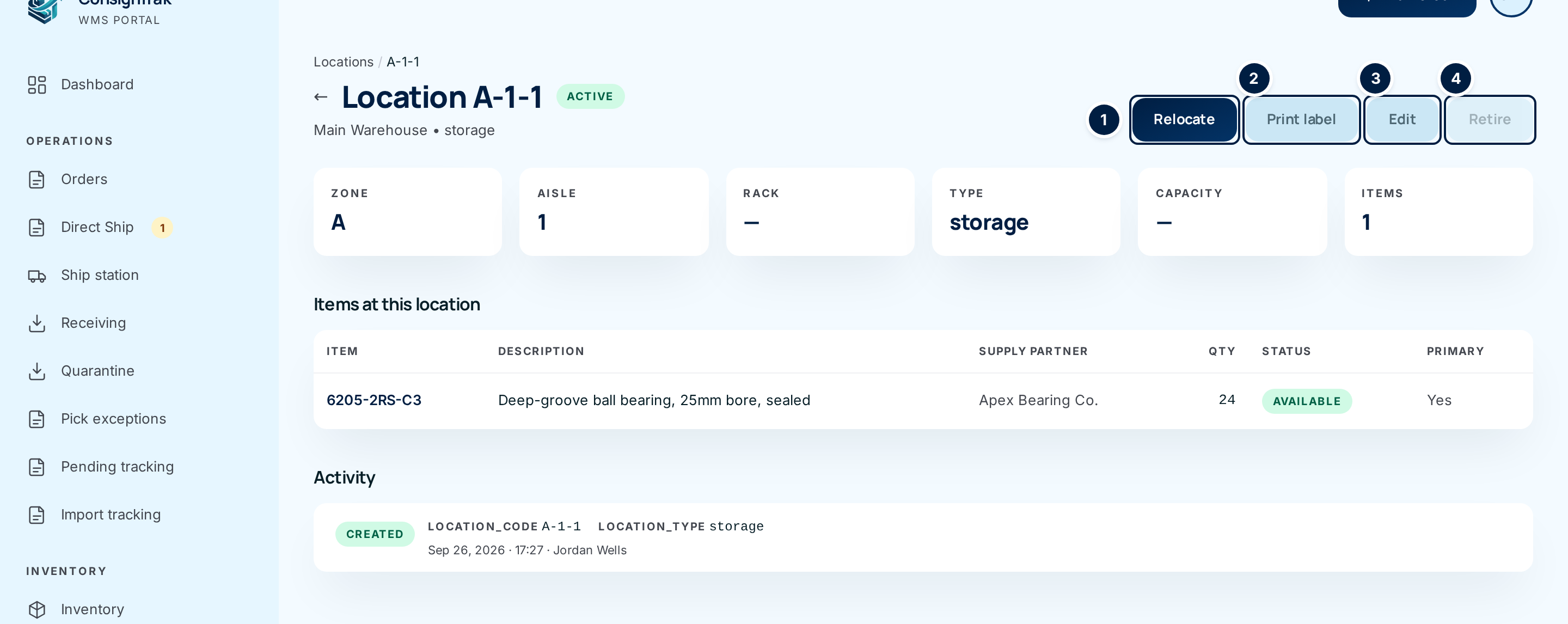 Location A-1-1, showing its details, the item stored there, and its activity