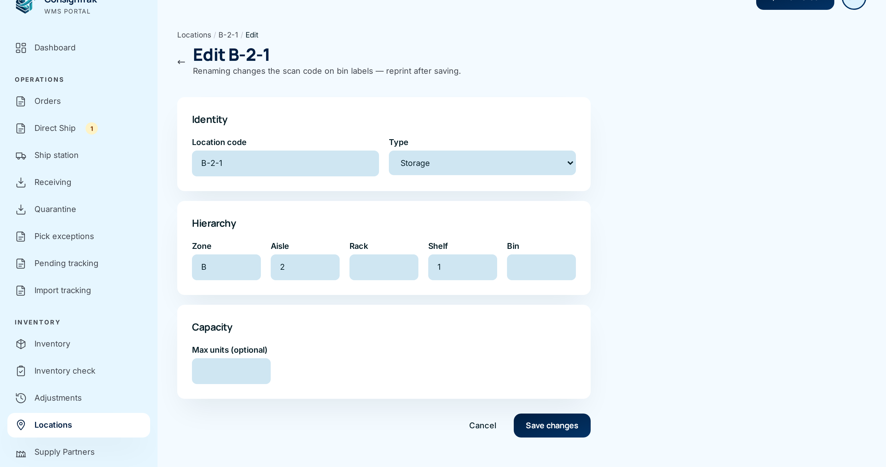 The Edit form for bin B-2-1, with Identity, Hierarchy and Capacity sections
