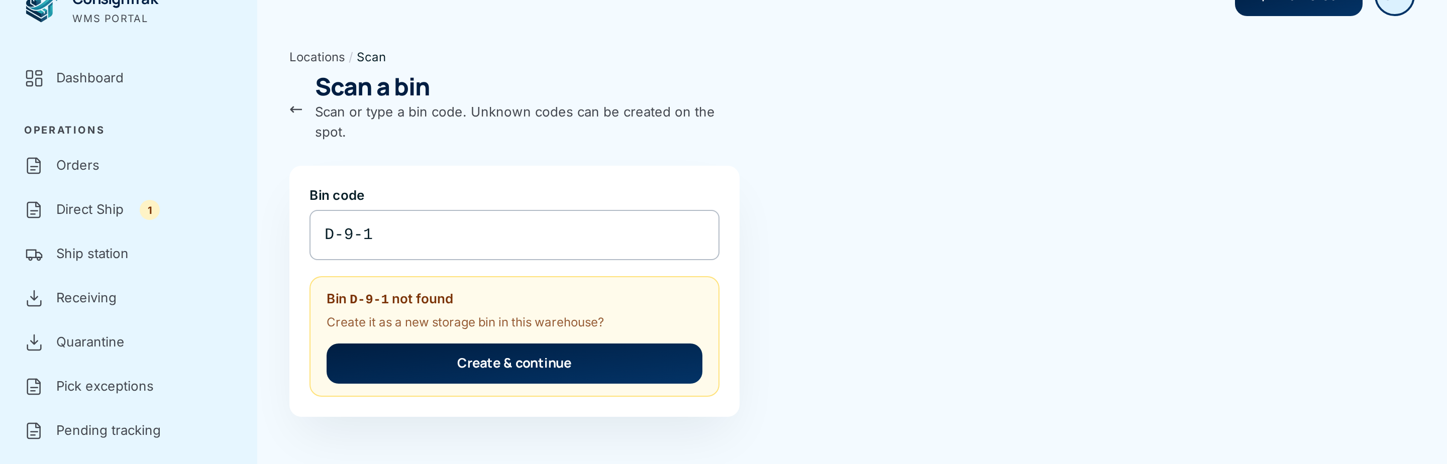Scan a bin, after typing an unknown code, offering Create &amp; continue