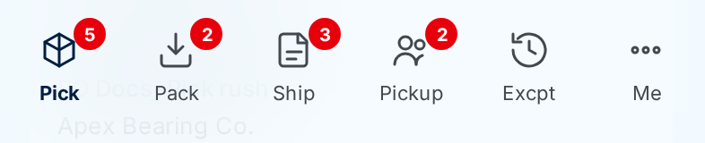 The warehouse bottom bar: Pick with a red count badge, Pack, Ship, Excpt and Me