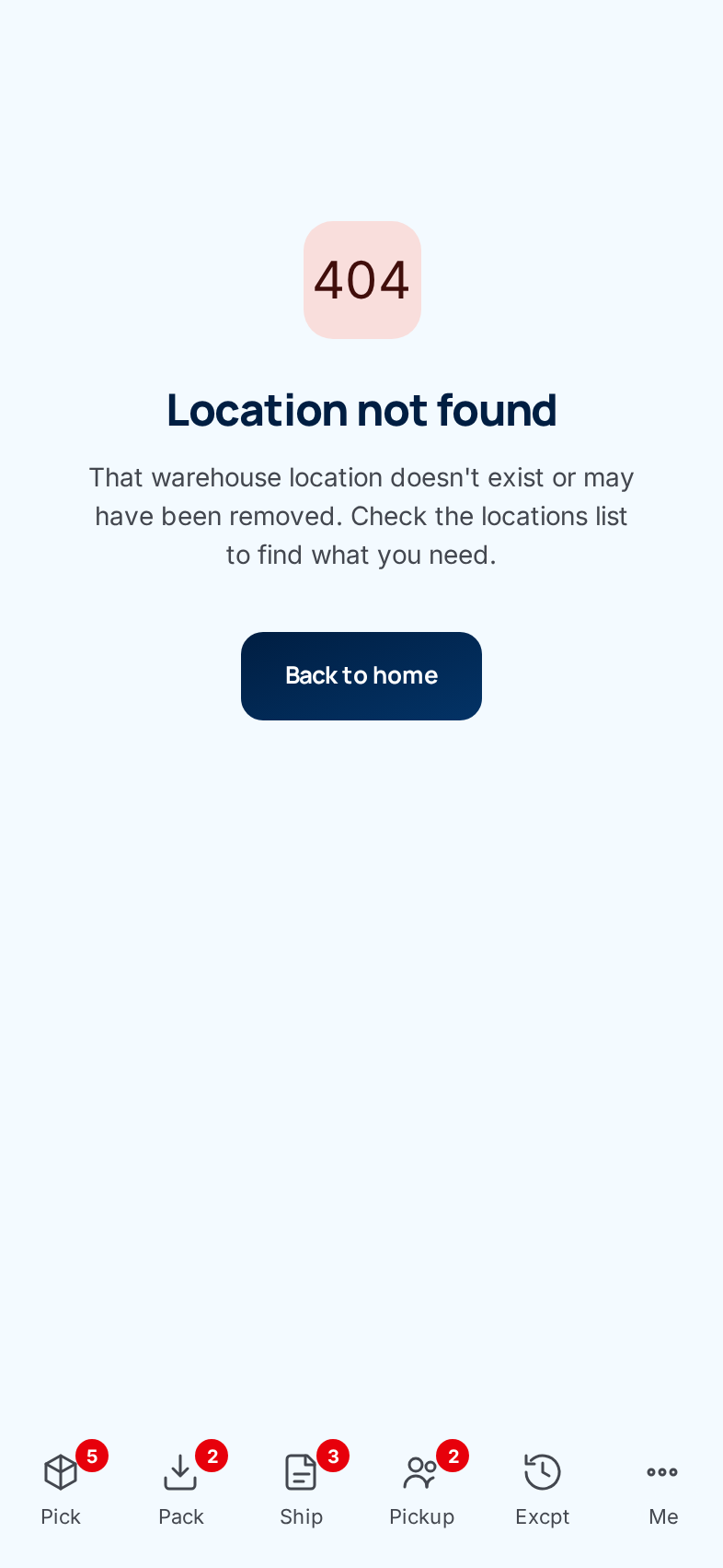 The phone error page: 404, Location not found, and a Back to home button above the bottom bar