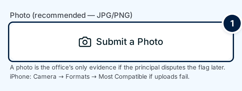 The photo control on the report-a-problem form: a Submit a Photo button (1) and the hint underneath