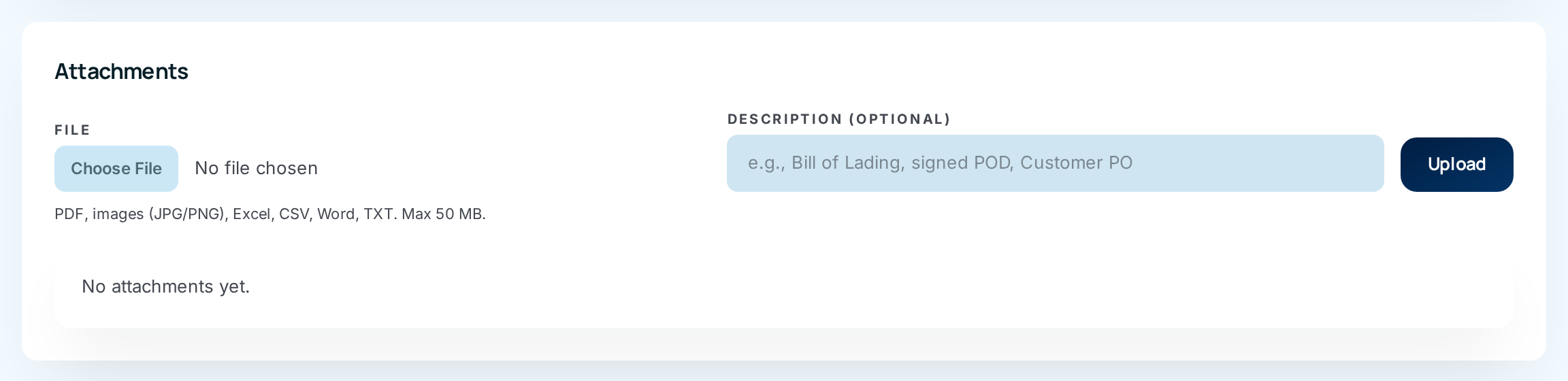 The Attachments card with its file and description boxes and Upload button