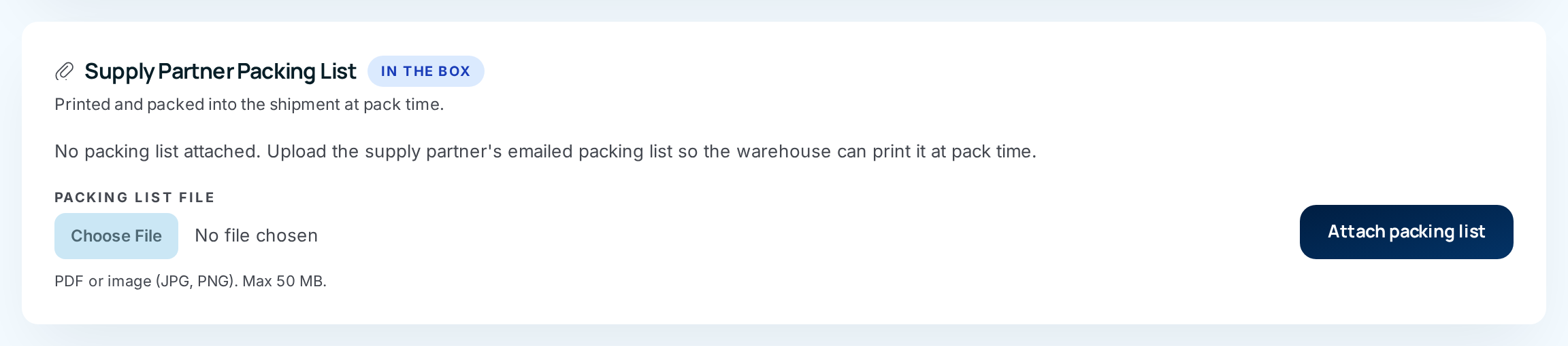 The Supply Partner Packing List card with no list attached and the Attach packing list button