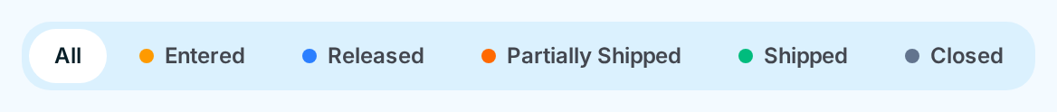 The status tabs on the Orders list: All, Entered, Released, Partially Shipped, Shipped, Closed, each with its colour dot