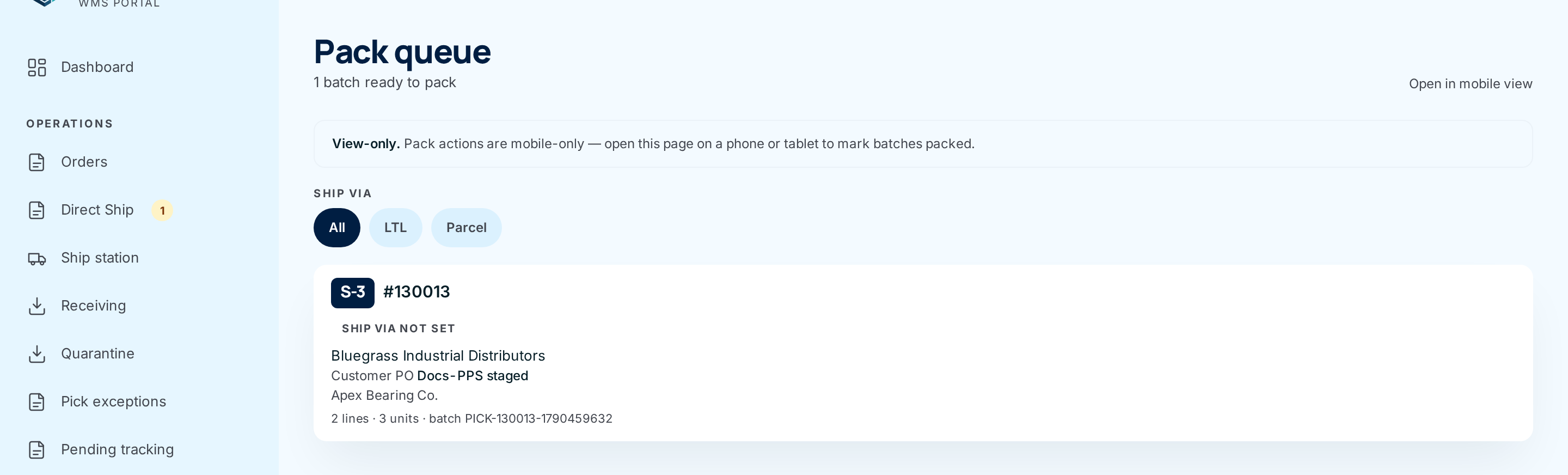 The desktop Pack queue: a View-only notice, the Ship via filter, and orders with their staging area