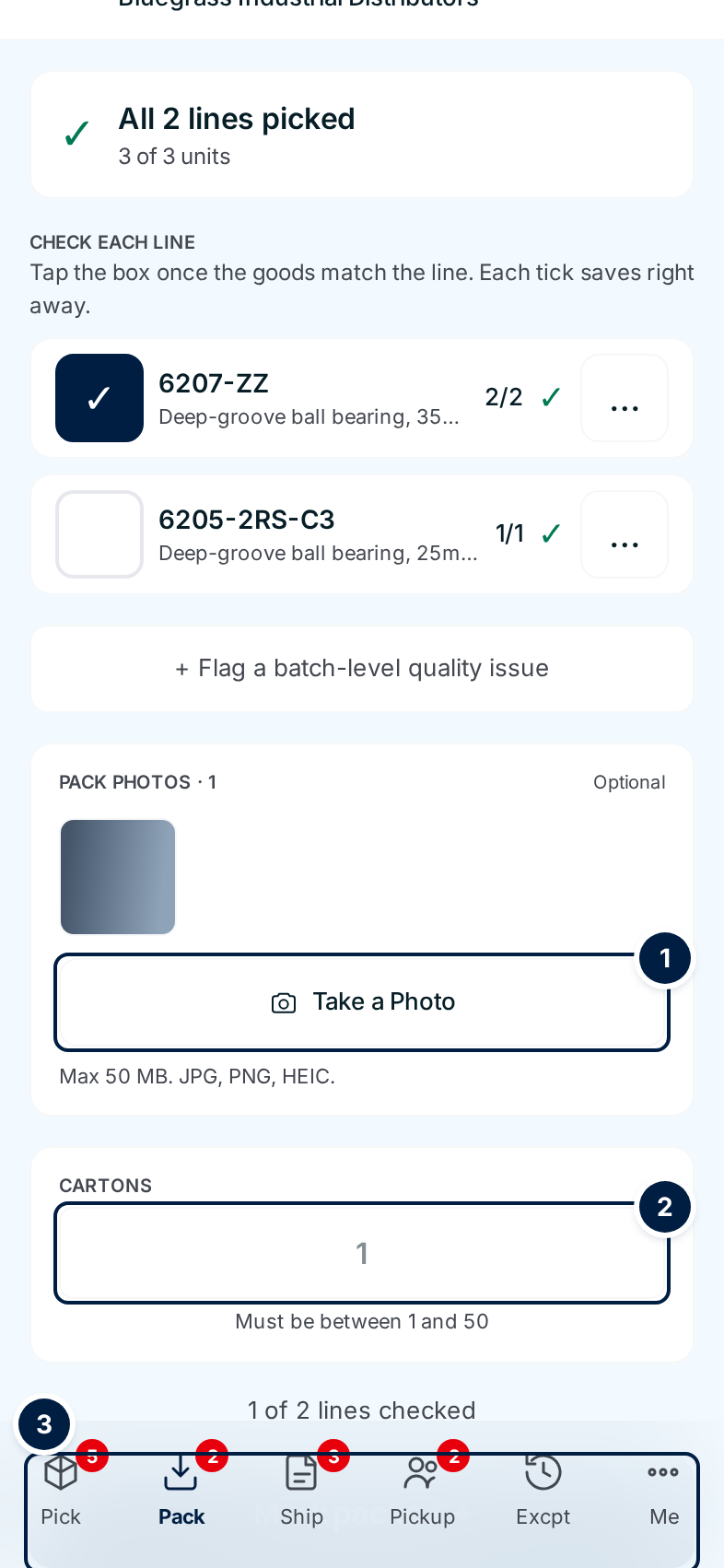 The bottom of the pack screen: Take a Photo, the Cartons box, and Mark packed greyed out while one line is still unchecked