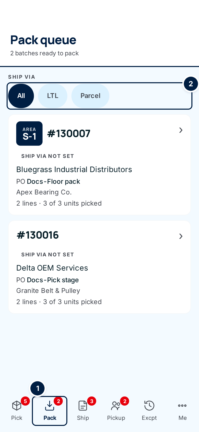 The Pack queue on a phone: the Pack tab in the bottom bar, the Ship via chips, and an order card showing area S-1, the customer, PO, supply partner and units picked