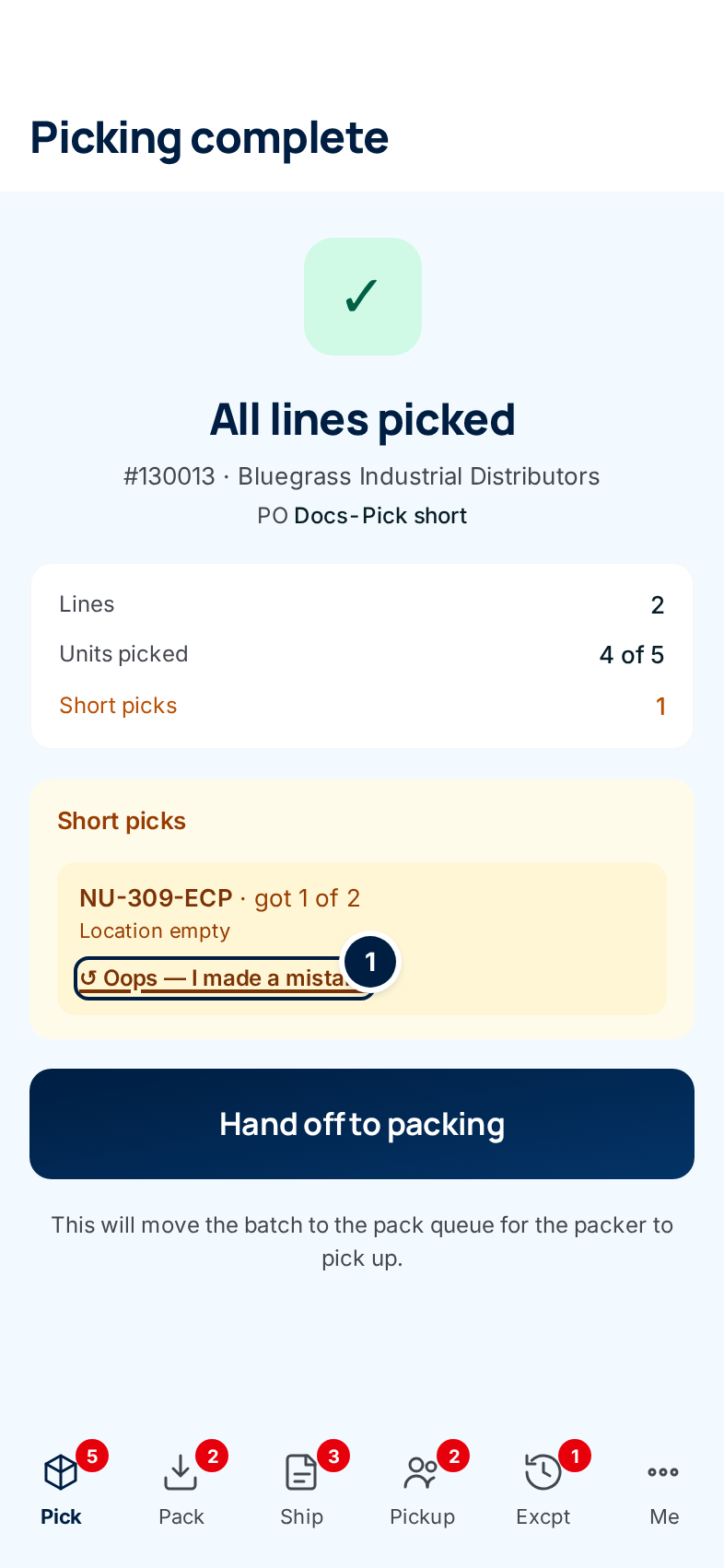 Picking complete with a short pick on NU-309-ECP: got 1 of 2, Location empty, and ① Oops — I made a mistake