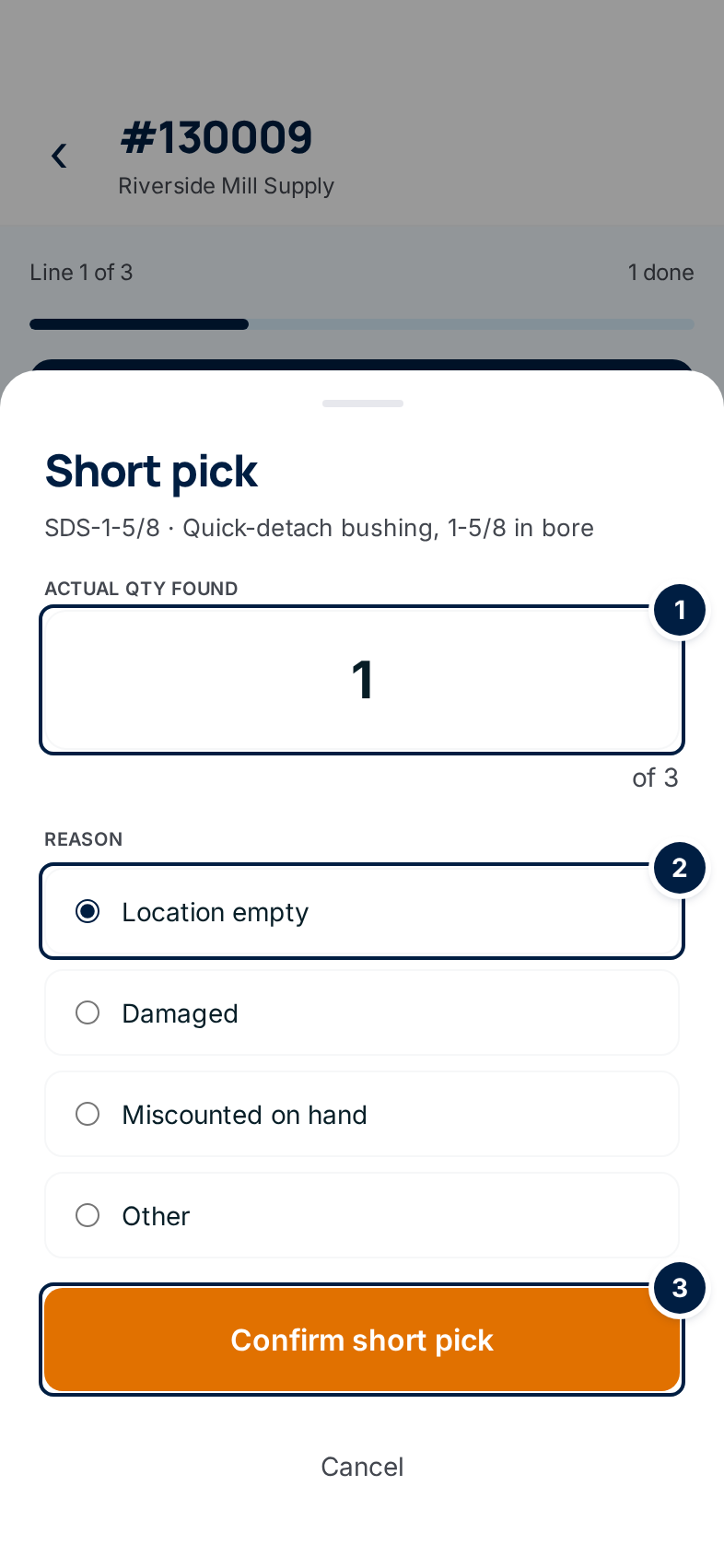 The Short pick panel: ① Actual qty found, ② the reason Location empty, ③ Confirm short pick