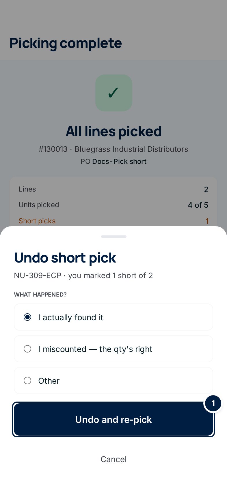 The Undo short pick panel with I actually found it chosen and ① Undo and re-pick