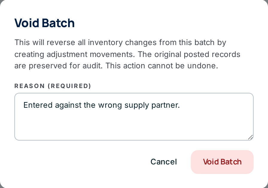 The Void Batch form with a reason typed in