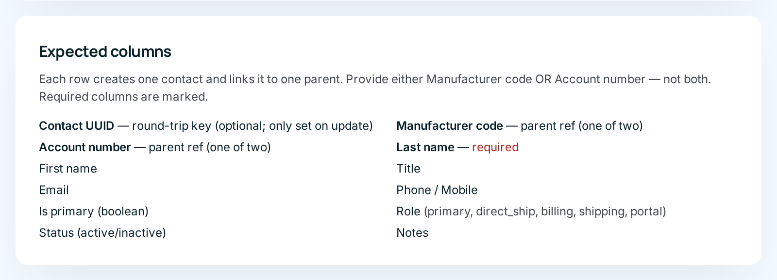 The Expected columns box on the Contacts tab