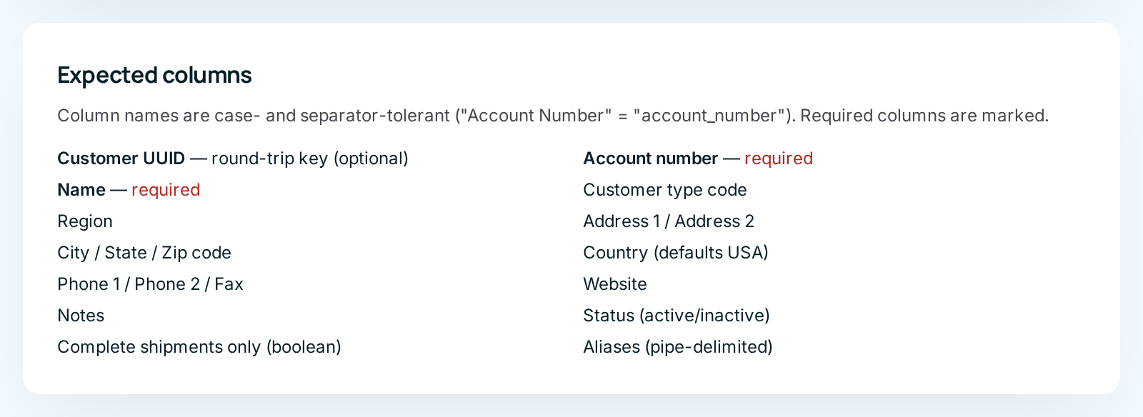 The Expected columns box on the Customers tab