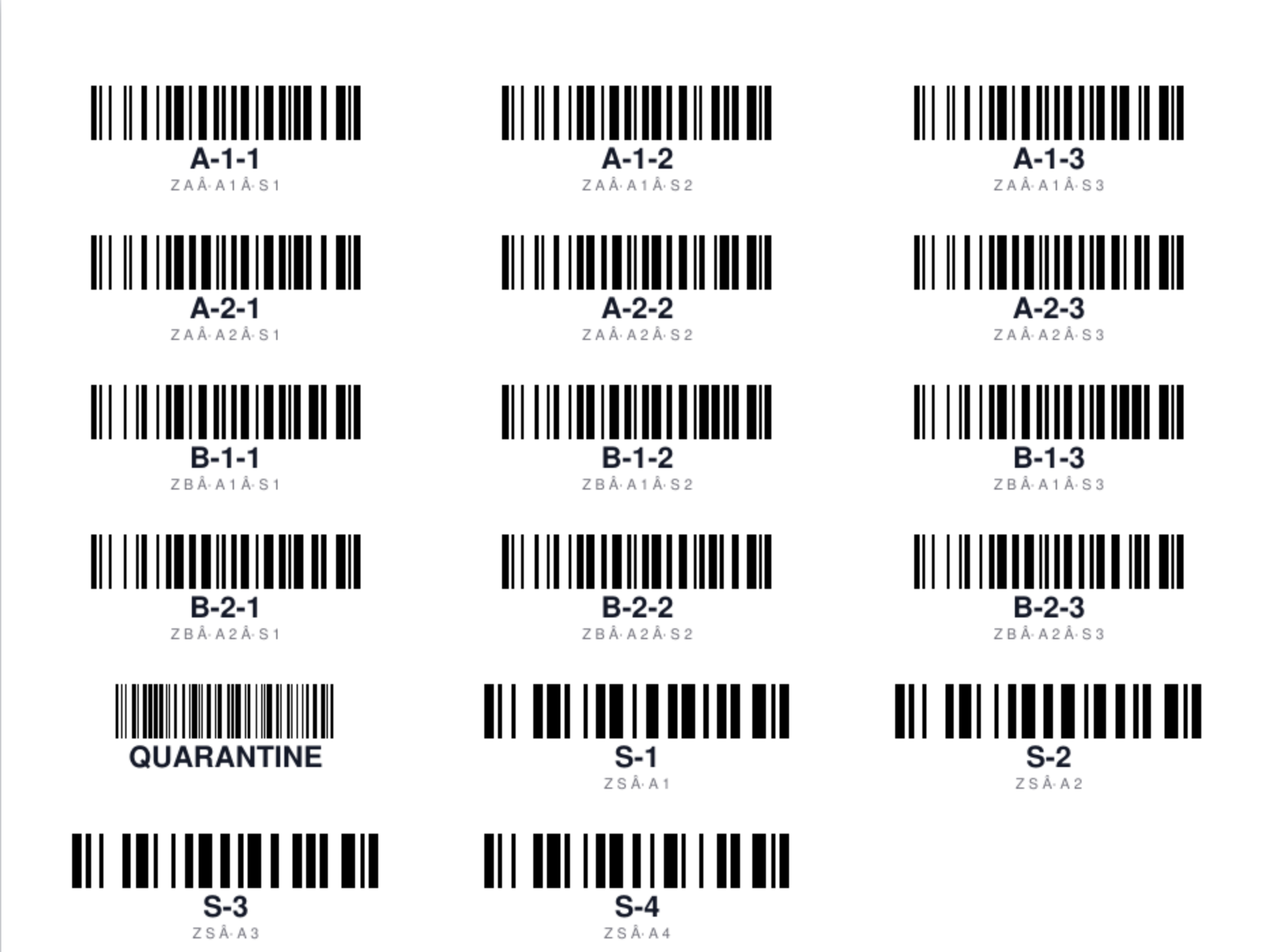 Page 1 of the label sheet: 16 labels, each with a barcode, the bin code and a small caption