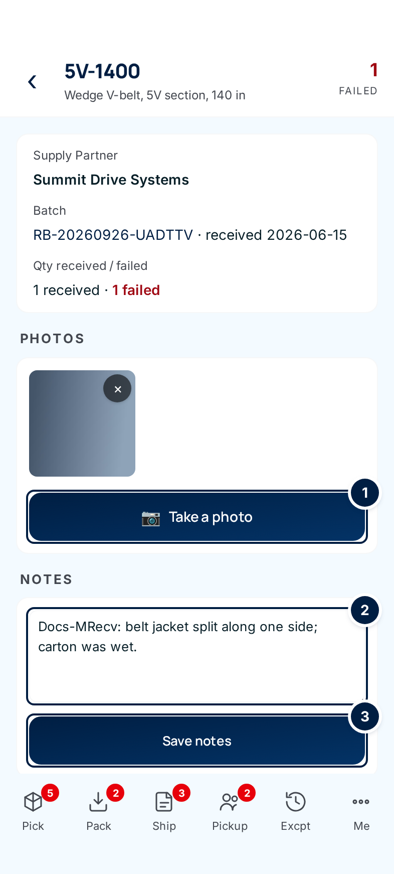 A held line: supply partner, batch and quantities, one photo, Take a photo, the note and Save notes marked