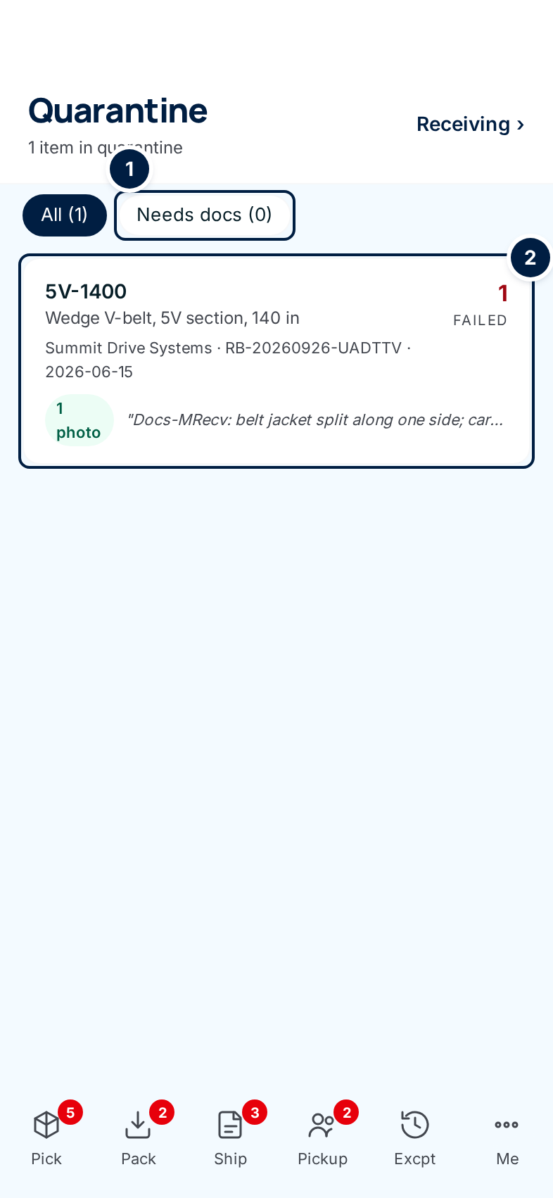 The phone Quarantine list with the Needs docs filter and one held line marked